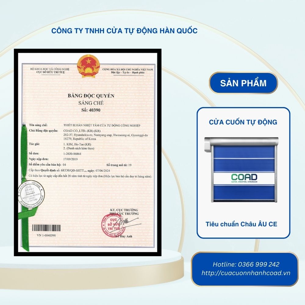 Bằng độc quyền sáng chế thiết bị hàn nhiệt tấm cửa tự động công nghiệp COAD