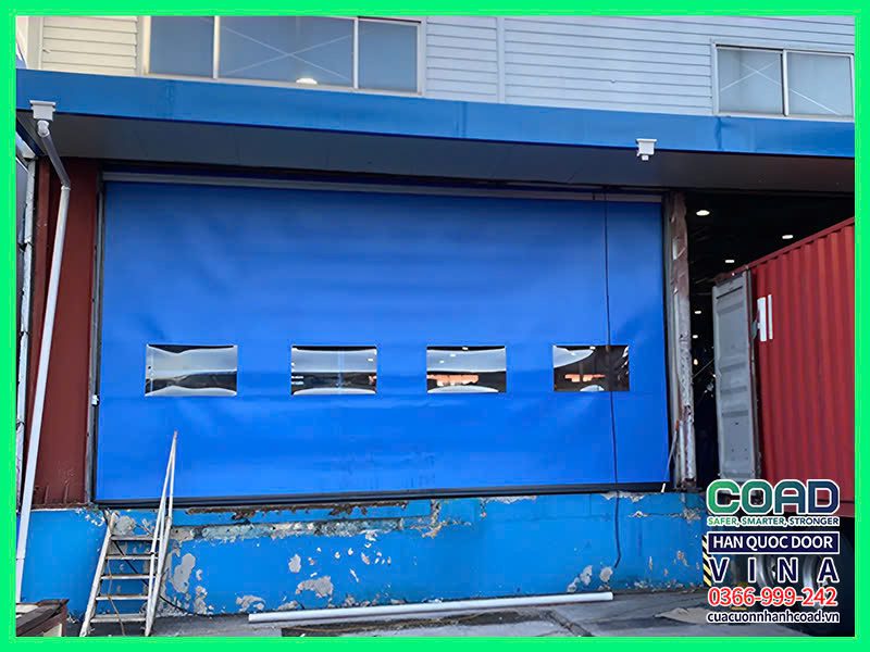 Cửa cuốn nhựa PVC màu xanh dương - dòng tự phục hồi - coad
